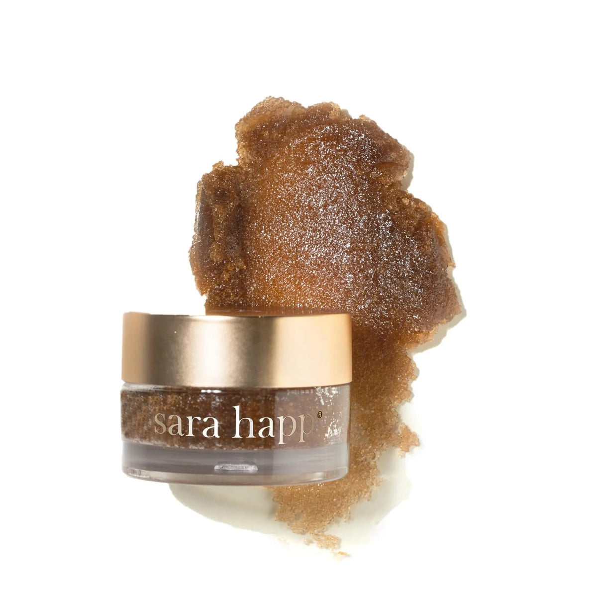 Sara Happ close-up of scrub texture showing sugar crystals and oil for gentle exfoliation