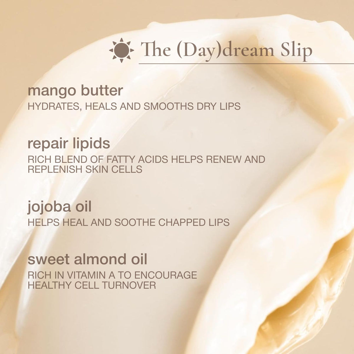 Ingredient flatlay with jojoba, macadamia, hyaluronic acid showcasing nourishing formulation benefits