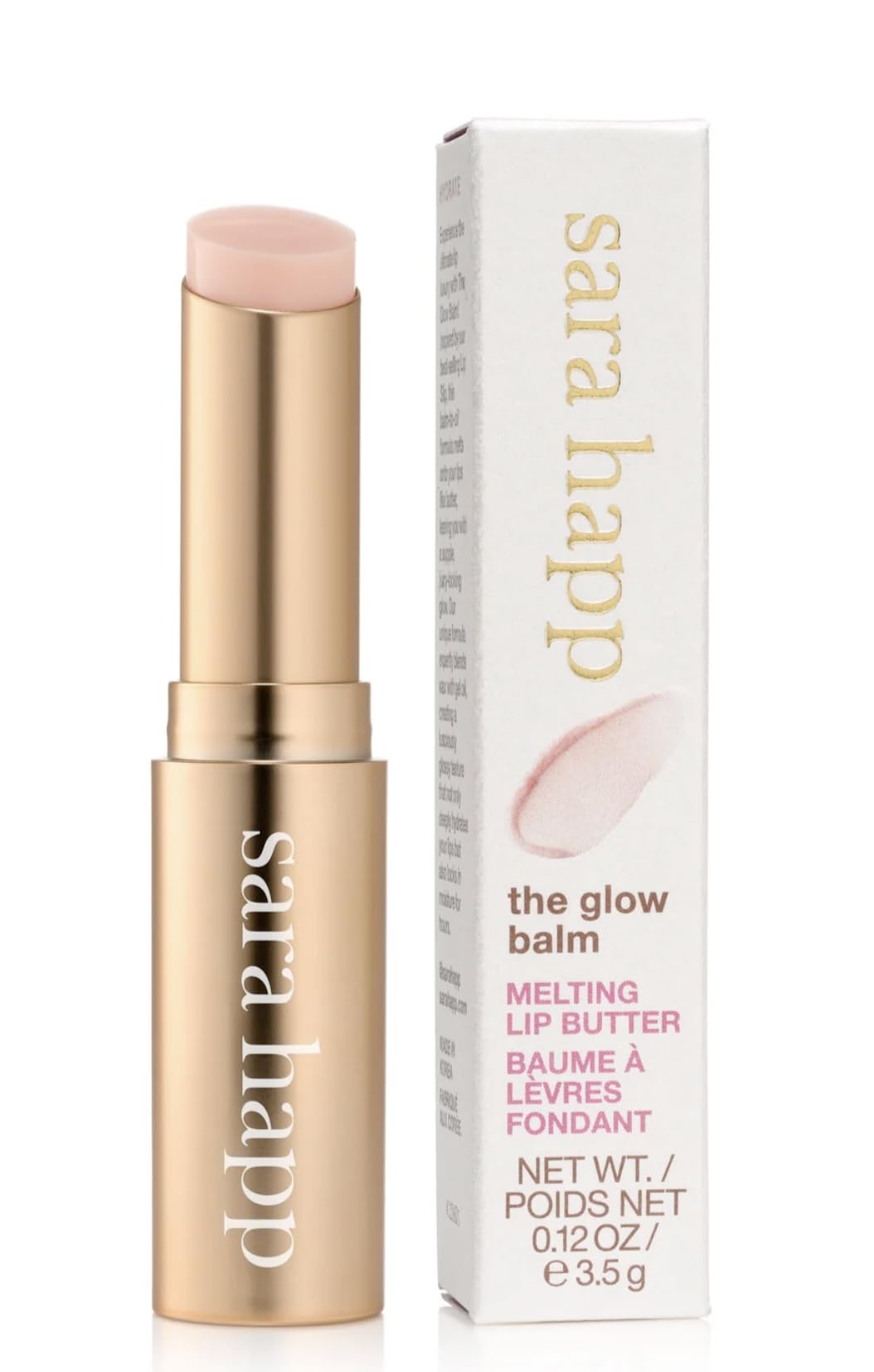 Sara Happ front packaging showing compact 3.5g tube and branding