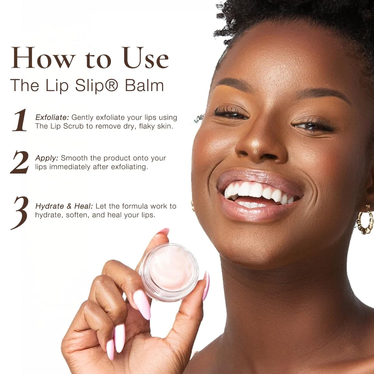 Sara Happ balm applied on lips demonstrating subtle shimmer and smoothing effect