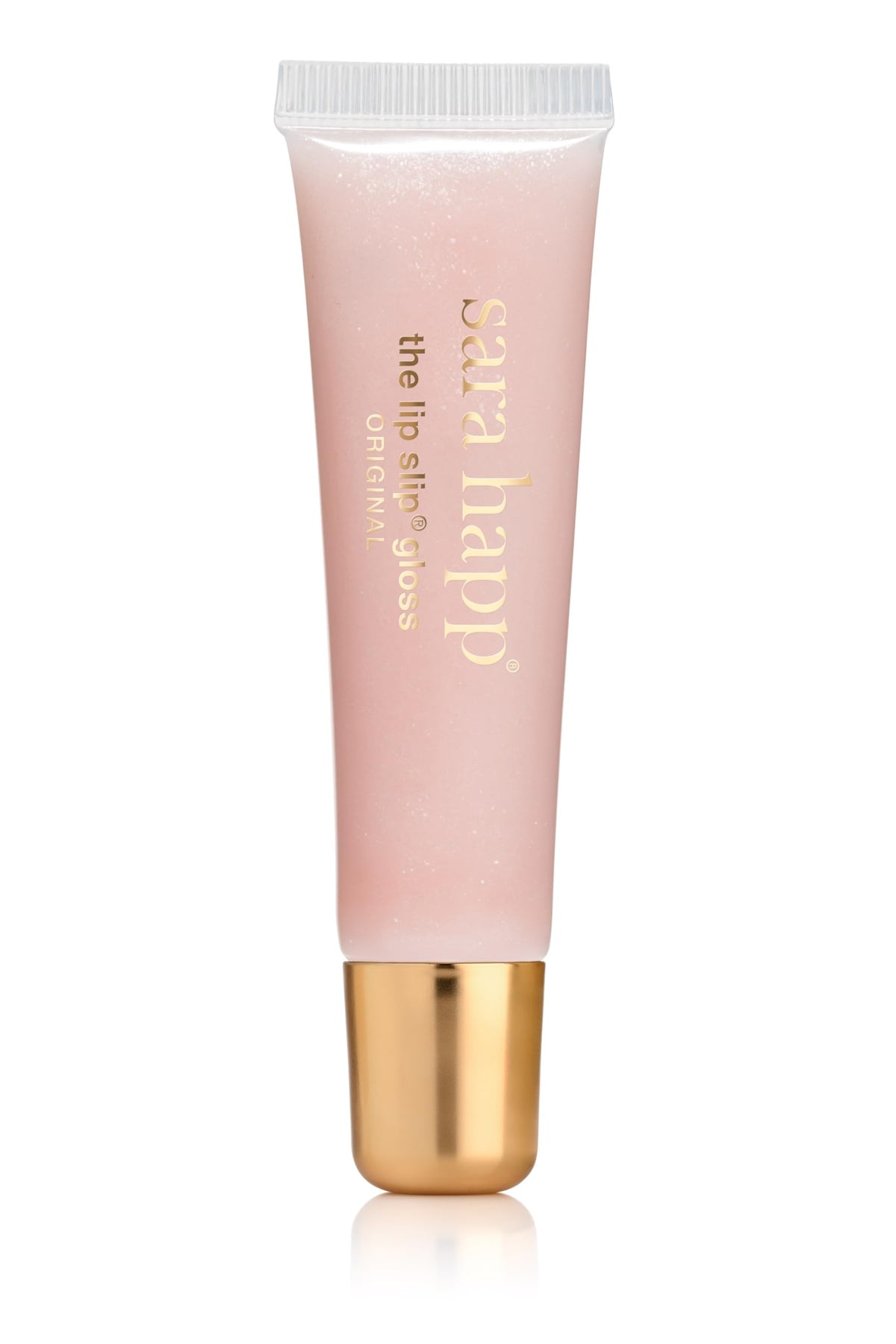 Sara Happ front view of tube showing sleek packaging and premium gloss benefit