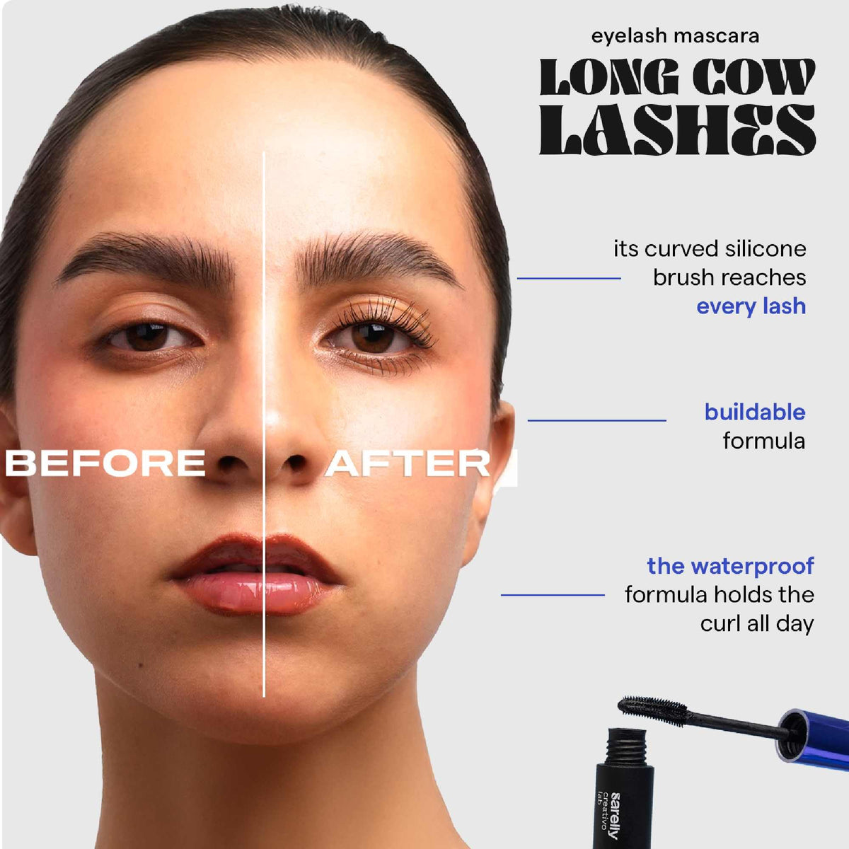 SARELLY before and after lashes comparison highlighting visible lengthening benefit