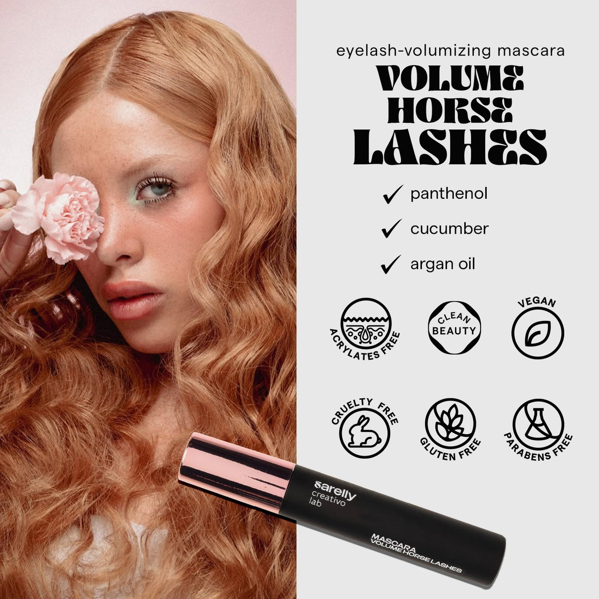 SARELLY mascara on bathroom vanity suggesting everyday waterproof wear and convenience