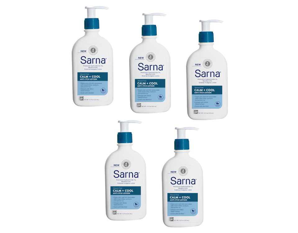 Sarna front packaging showing lotion tube and product name for quick soothing