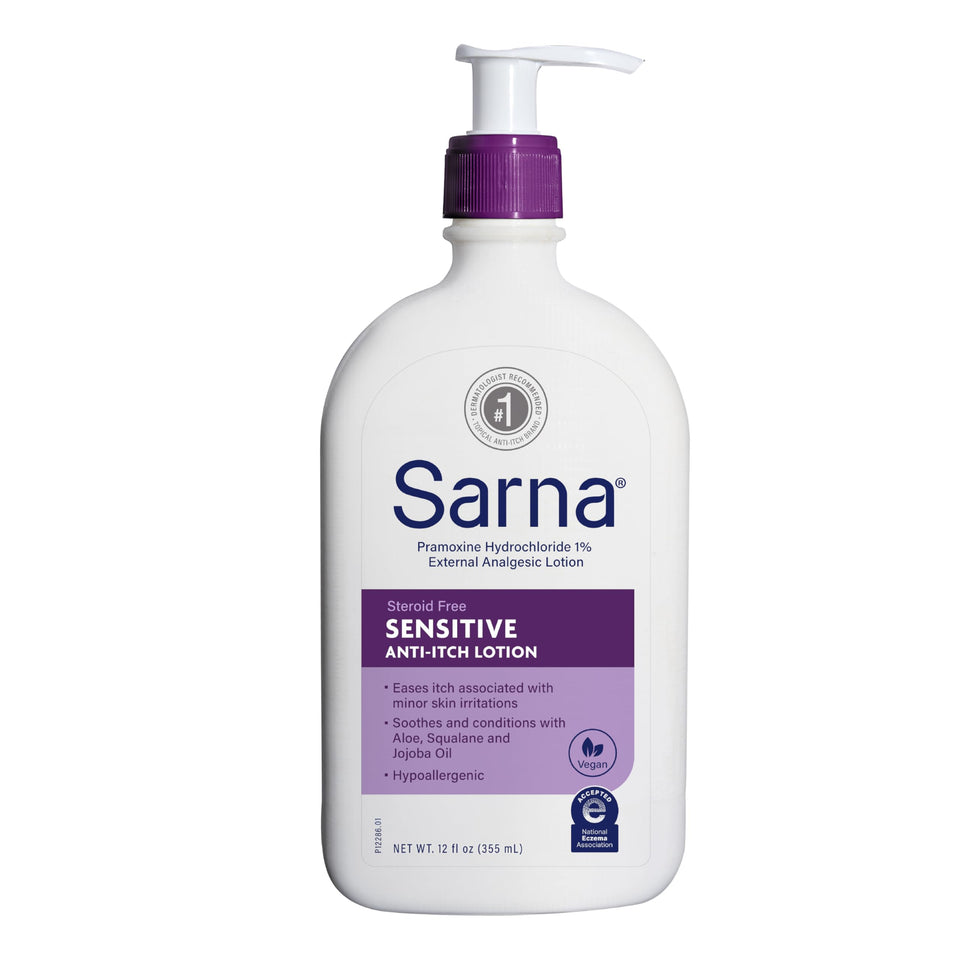 Sarna sensitive front packaging showing bottle and label, clear branding and benefit