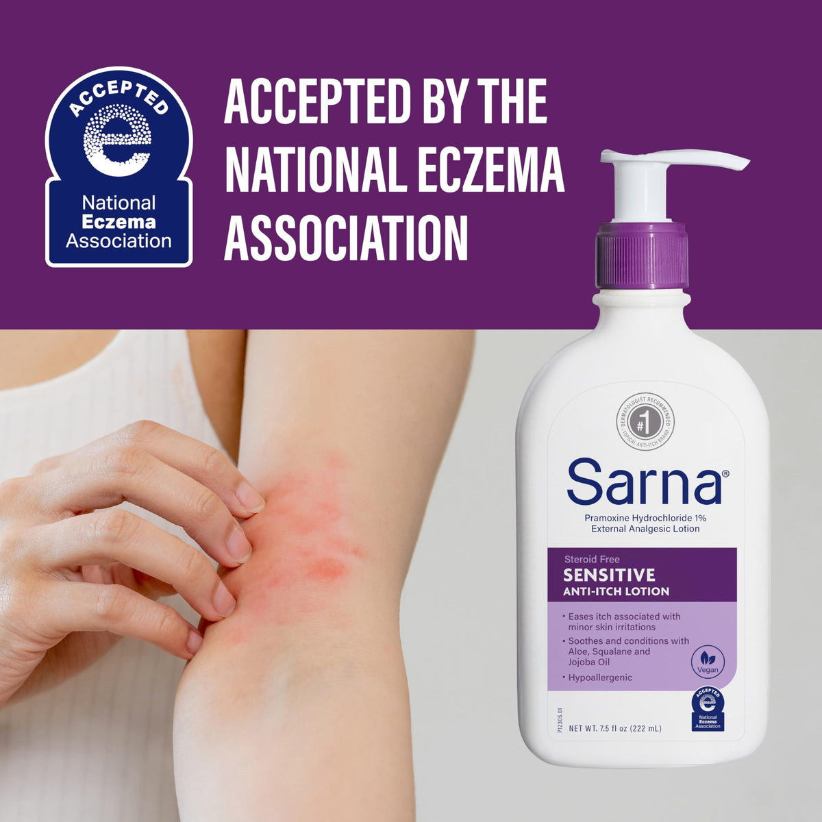 Sarna sensitive hand application image showing quick soothing relief on irritated skin