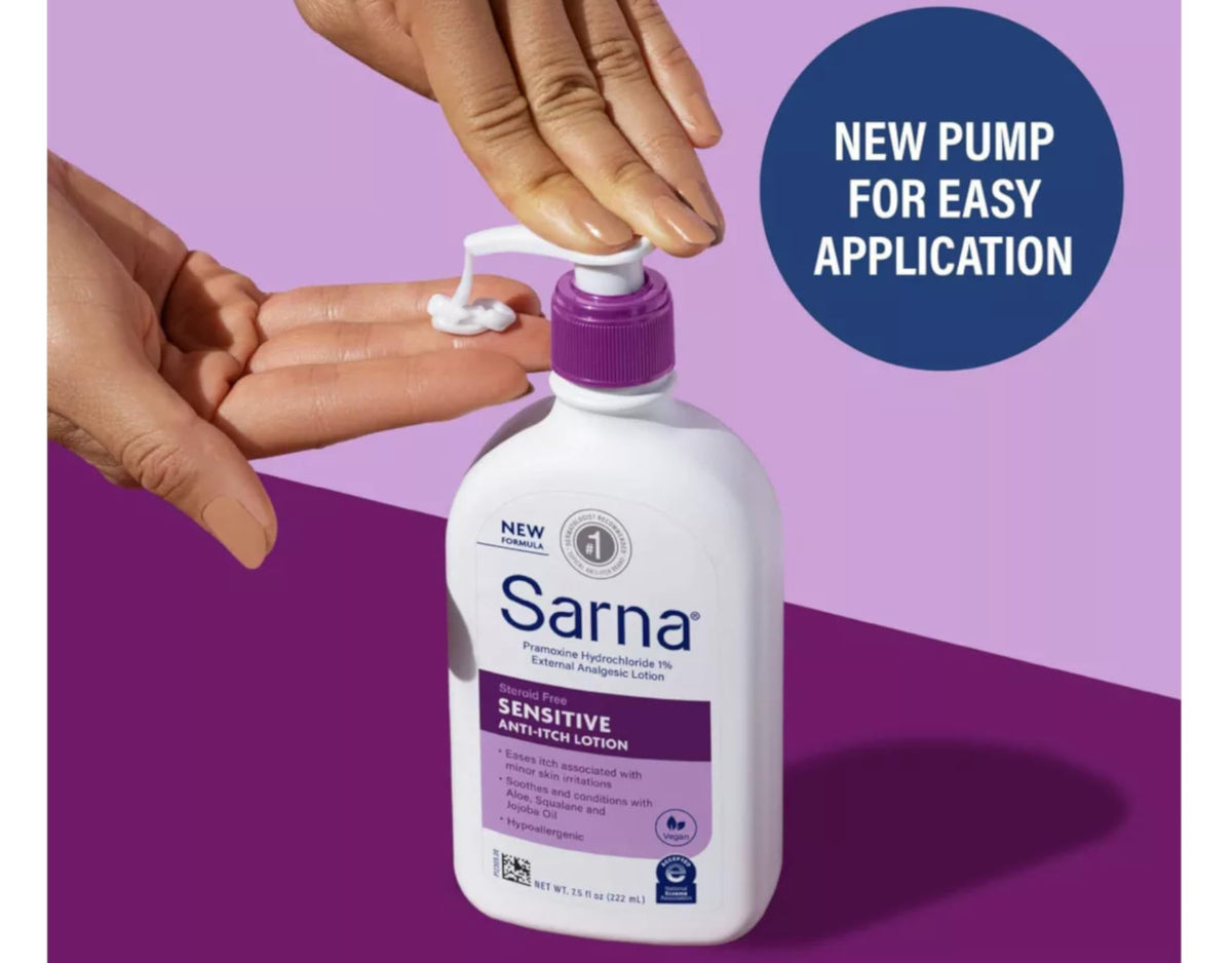 Sarna label close-up highlighting pramoxine and hypoallergenic formula