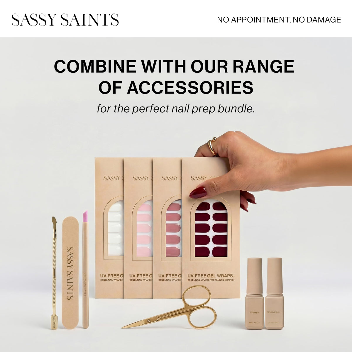 Sassy Saints lifestyle image of at-home manicure emphasizing quick convenience