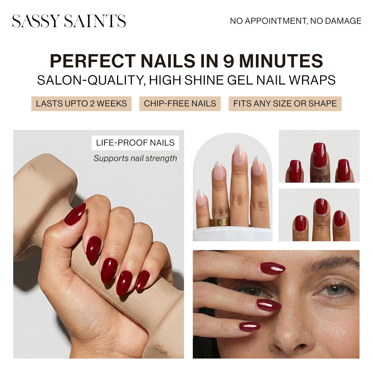 Sassy Saints gel strips arranged by size highlighting 11 size options for perfect fit