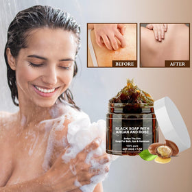 satasiam argan oil and rose alongside soap highlighting nourishing ingredients