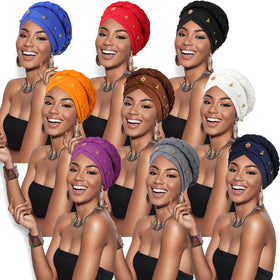 SATINIOR front view of nine-piece turban pack showing color variety and ready-to-wear benefit