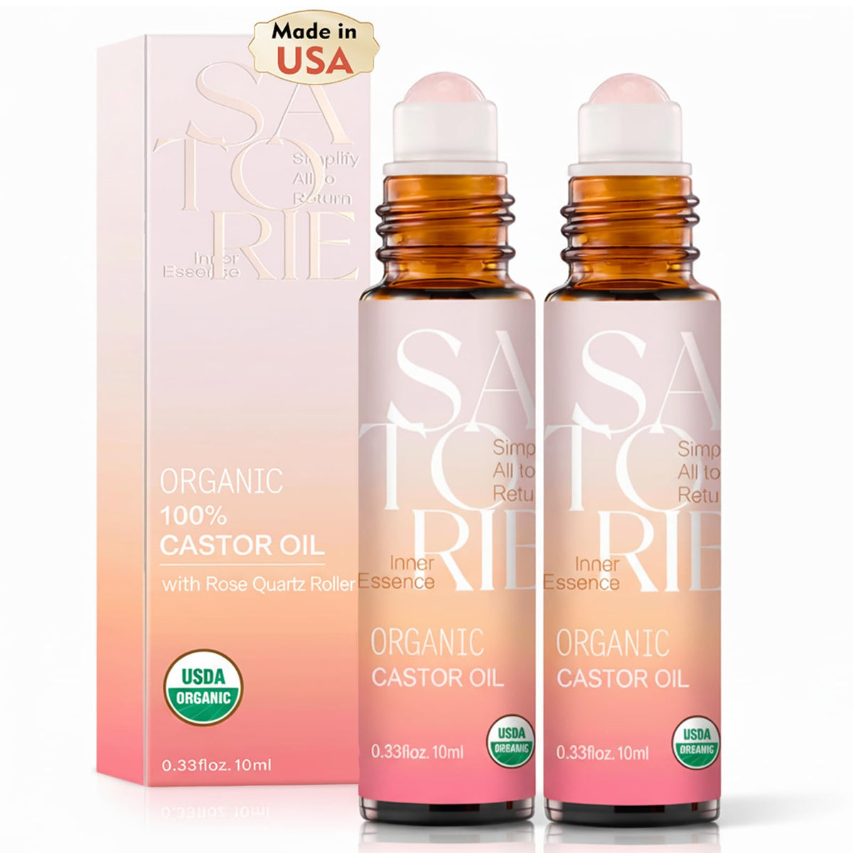 Satorie front packaging amber bottles showing two roll-on bottles and benefits