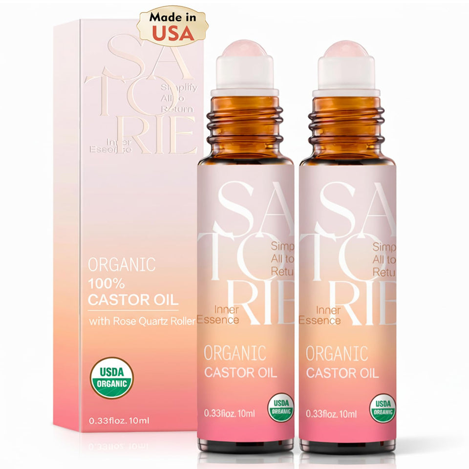 Satorie front packaging amber bottles showing two roll-on bottles and benefits