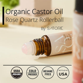 Satorie rose quartz rollerball closeup demonstrating cool, soothing glide