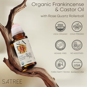 Satree amber glass bottle label detail highlighting USDA organic certification and benefits