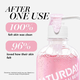 Saturday Skin cleanser being rubbed between hands to remove makeup effectively