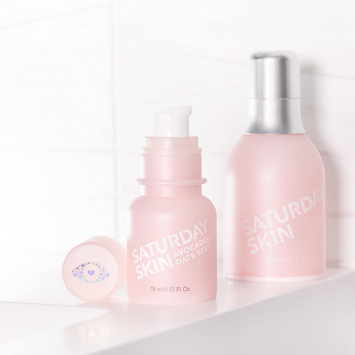 Saturday Skin packaging label detail showing clean, dermatologist-tested formula