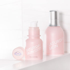 Saturday Skin packaging label detail showing clean, dermatologist-tested formula