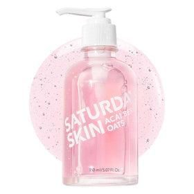 Saturday Skin front packaging showing cleanser bottle and bright brand benefit