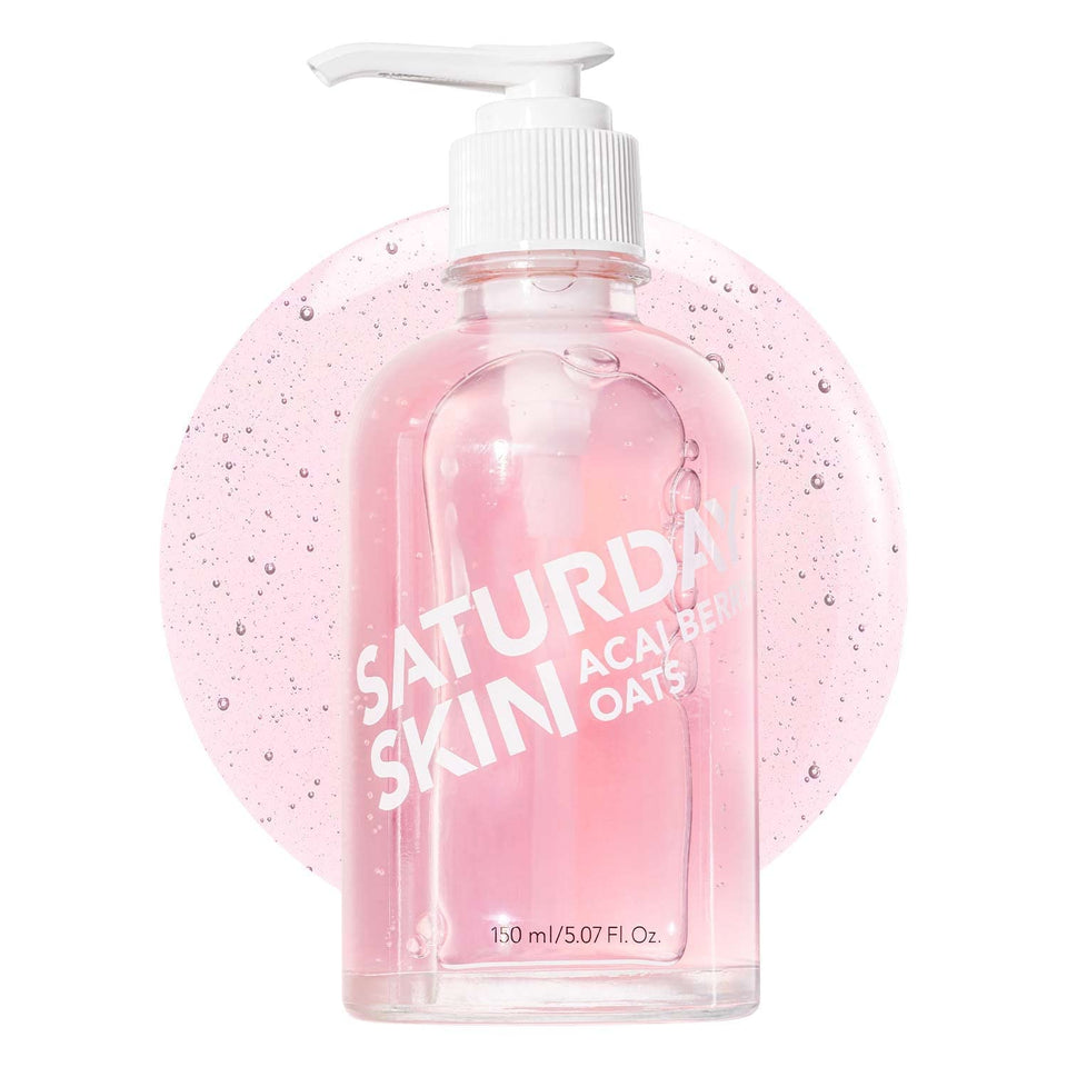 Saturday Skin front packaging showing cleanser bottle and bright brand benefit