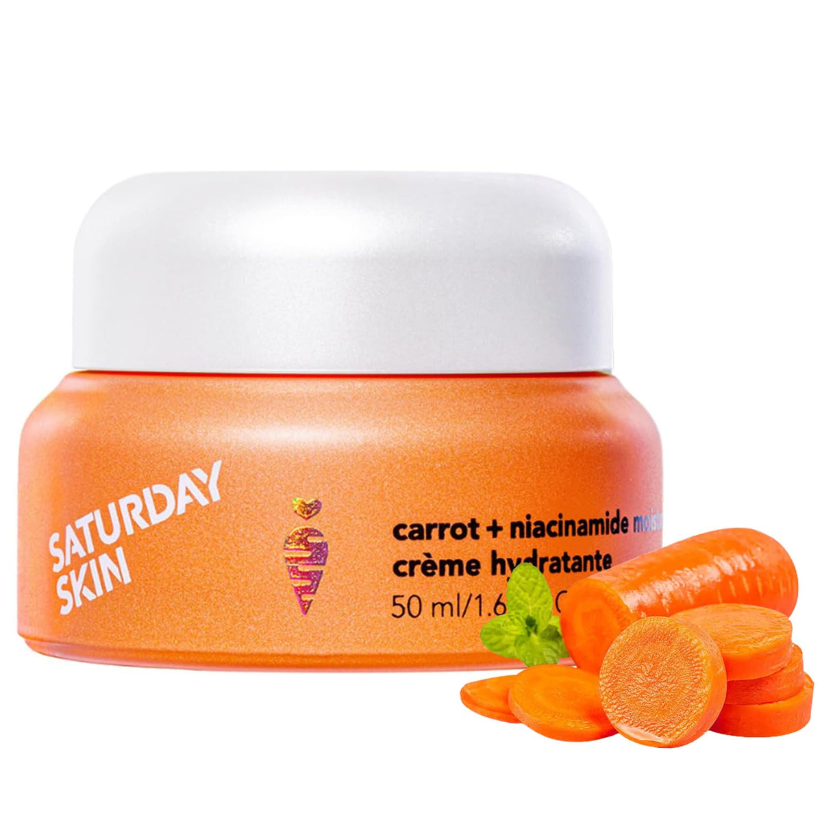 Saturday Skin front packaging showing jar and label, clear product benefits