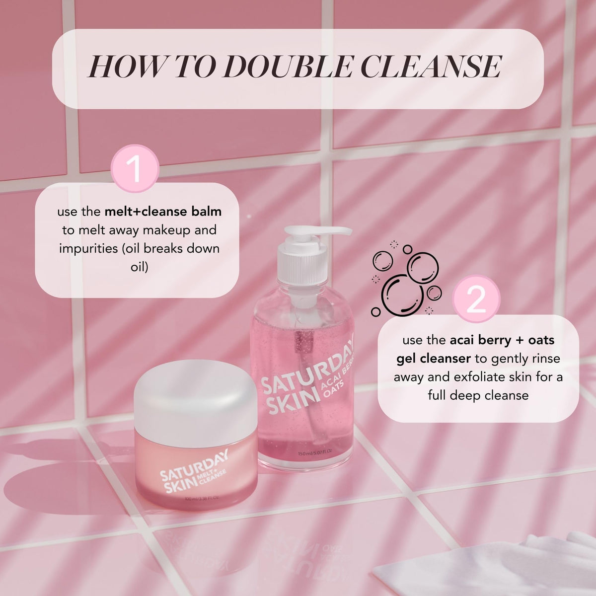Saturday Skin jar styled on bathroom shelf to show routine-ready convenience