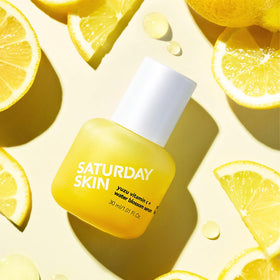 Saturday Skin serum placed on bathroom vanity as part of daily routine