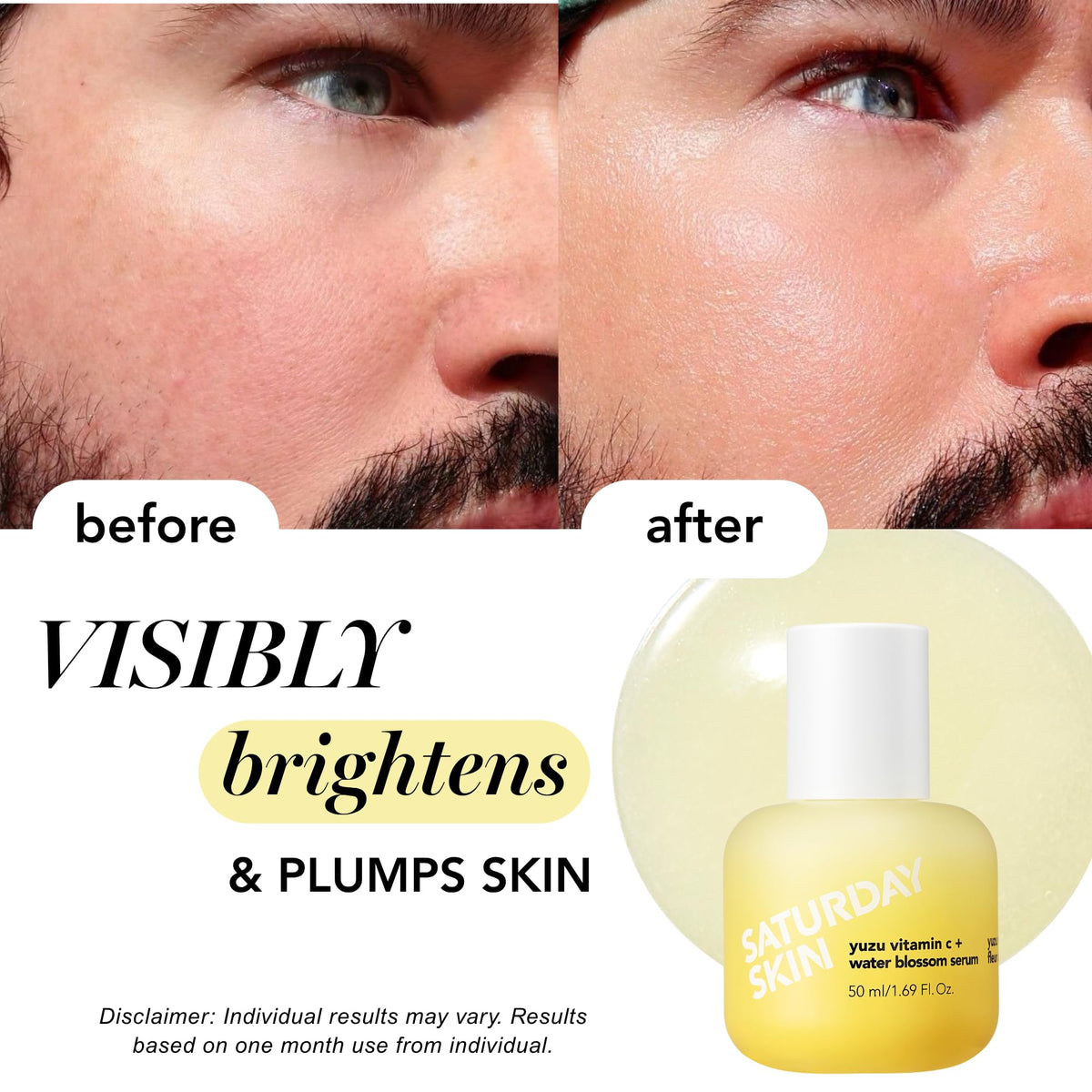 Saturday Skin ingredients label with yuzu and hyaluronic acid benefits listed