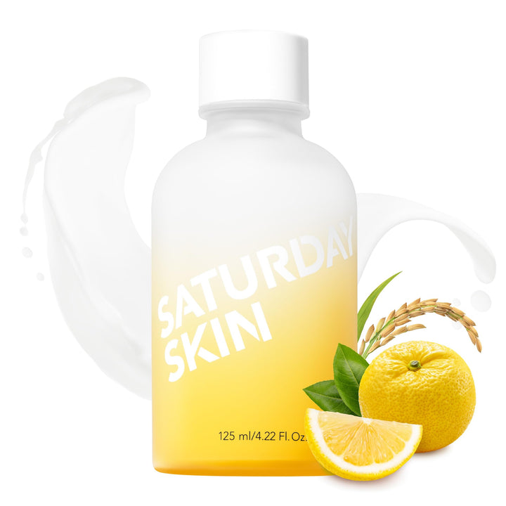 Saturday Skin front packaging showing bottle and label with brightening benefit
