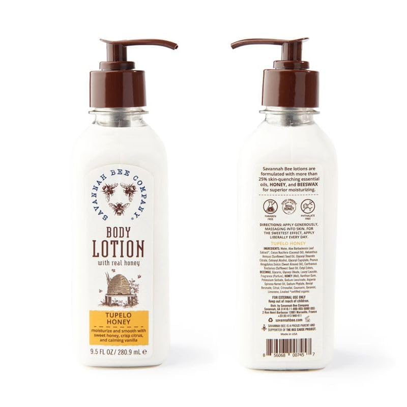 Savannah Bee Company lotion on bathroom shelf in lifestyle setting for daily-use benefit