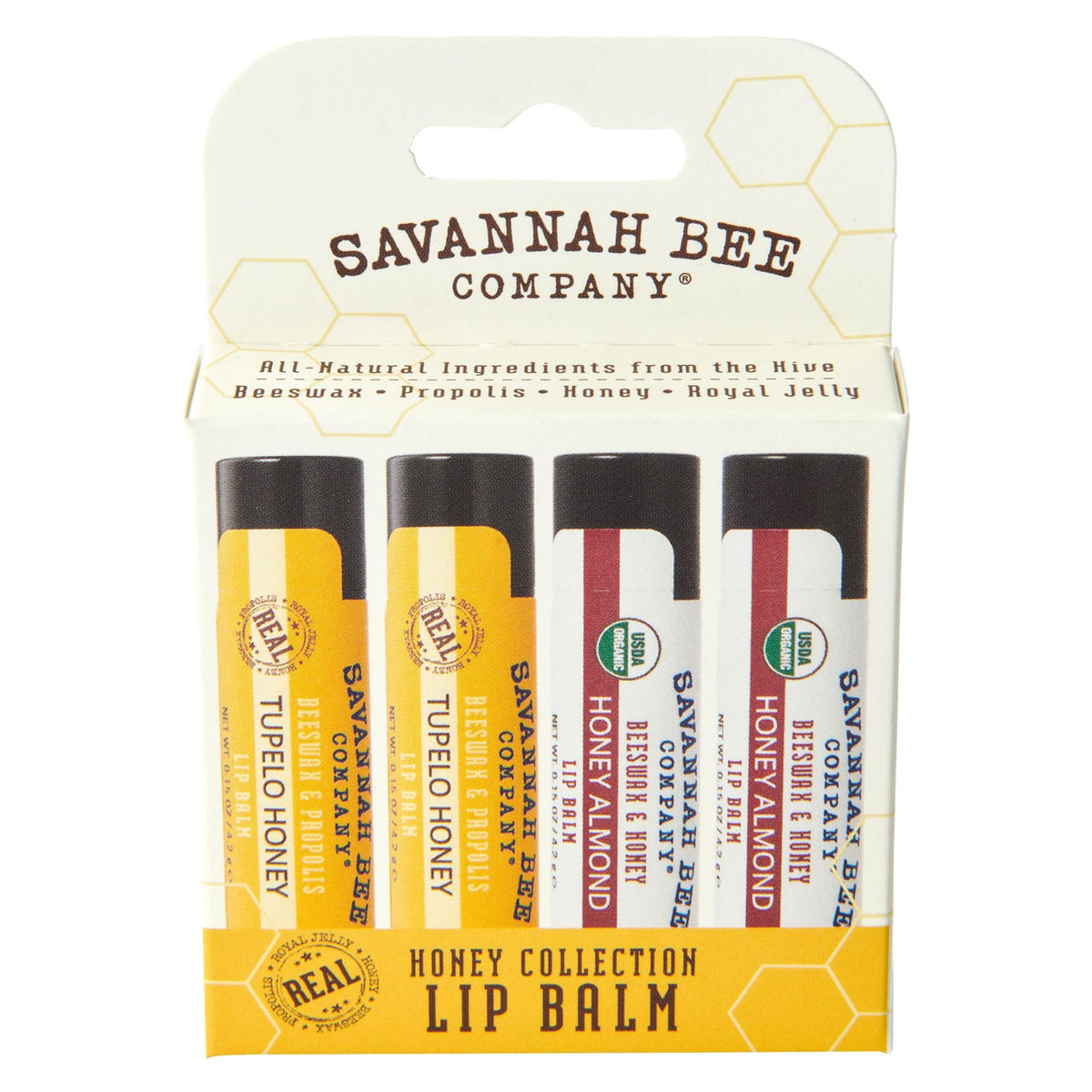 Savannah Bee front packaging showing four lip balm tubes and gift-ready presentation