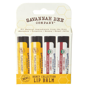 Savannah Bee front packaging showing four lip balm tubes and gift-ready presentation