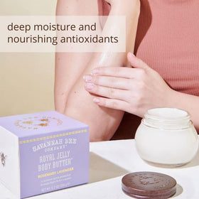 Savannah Bee Company jar label and ingredients list highlighting royal jelly benefits