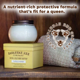 savannah bee body butter on bathroom shelf staged for post-shower pampering routine