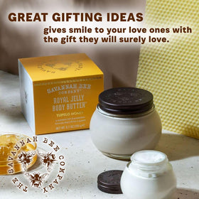 savannah bee jar next to lip balm showing 1.65 oz travel-friendly scale benefit