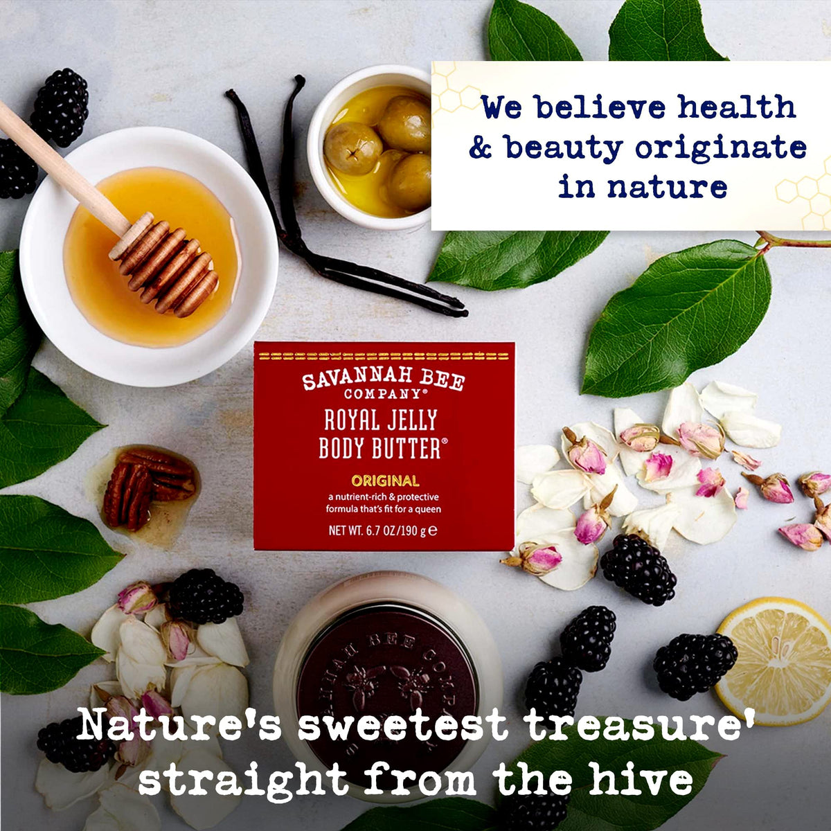 Savannah Bee Company label close-up highlighting ingredient list and natural benefits