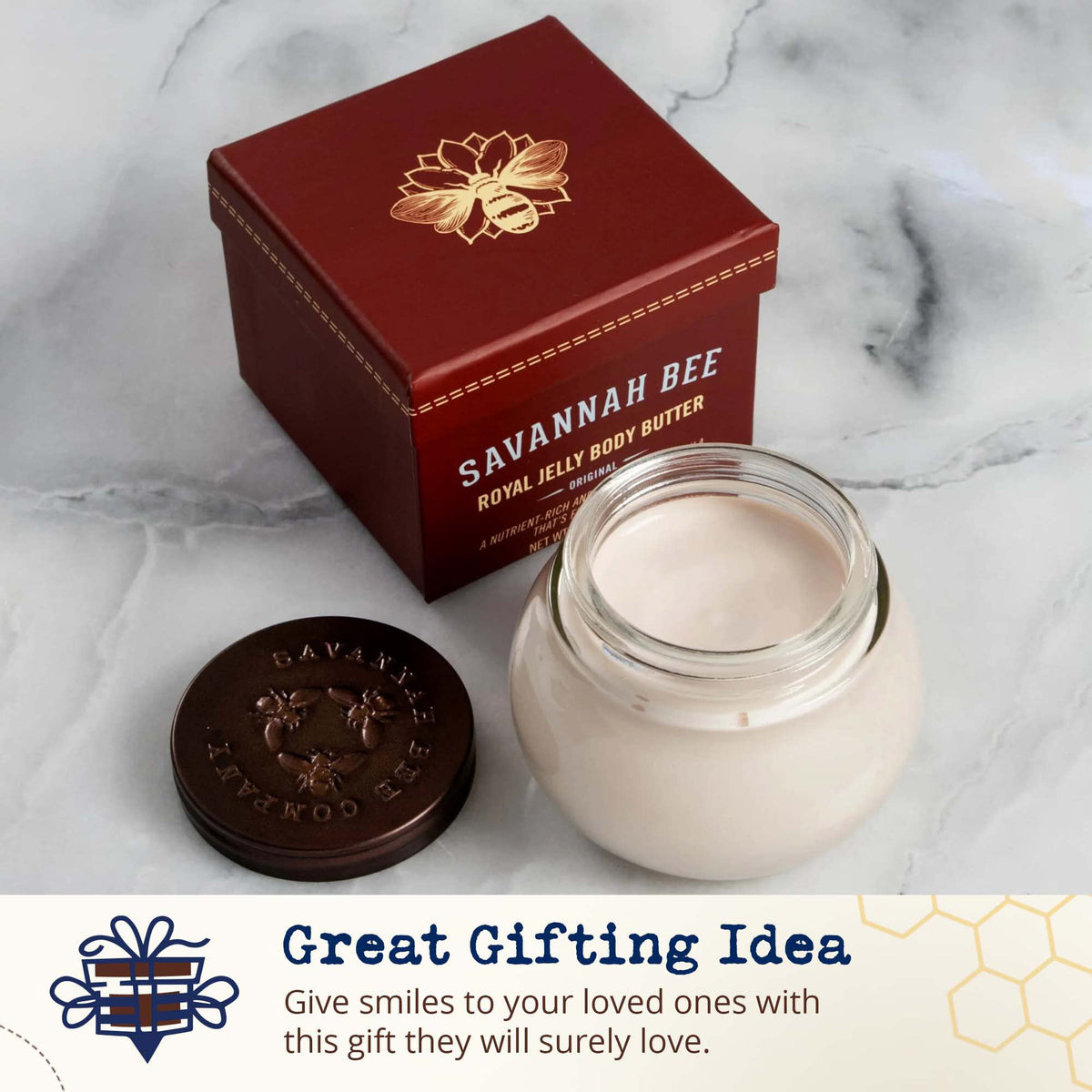 Savannah Bee Company jar held in hand to show compact giftable size