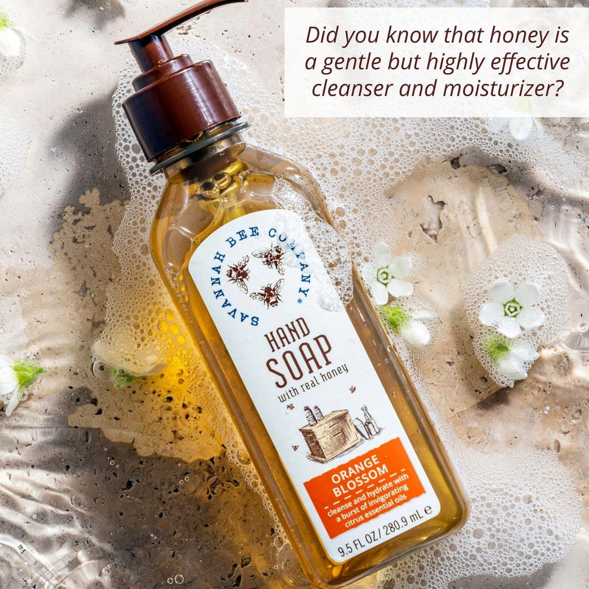 Savannah Bee Company pump dispensing soap for texture and ease-of-use benefit