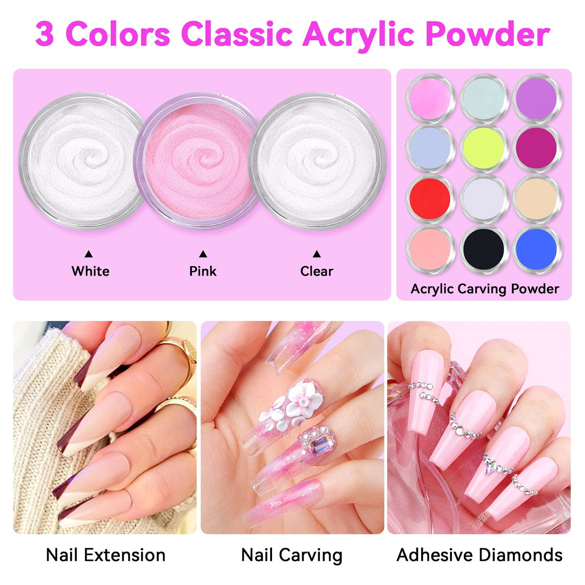 SAVILAND acrylic powders and liquid arranged to show color options and building strength