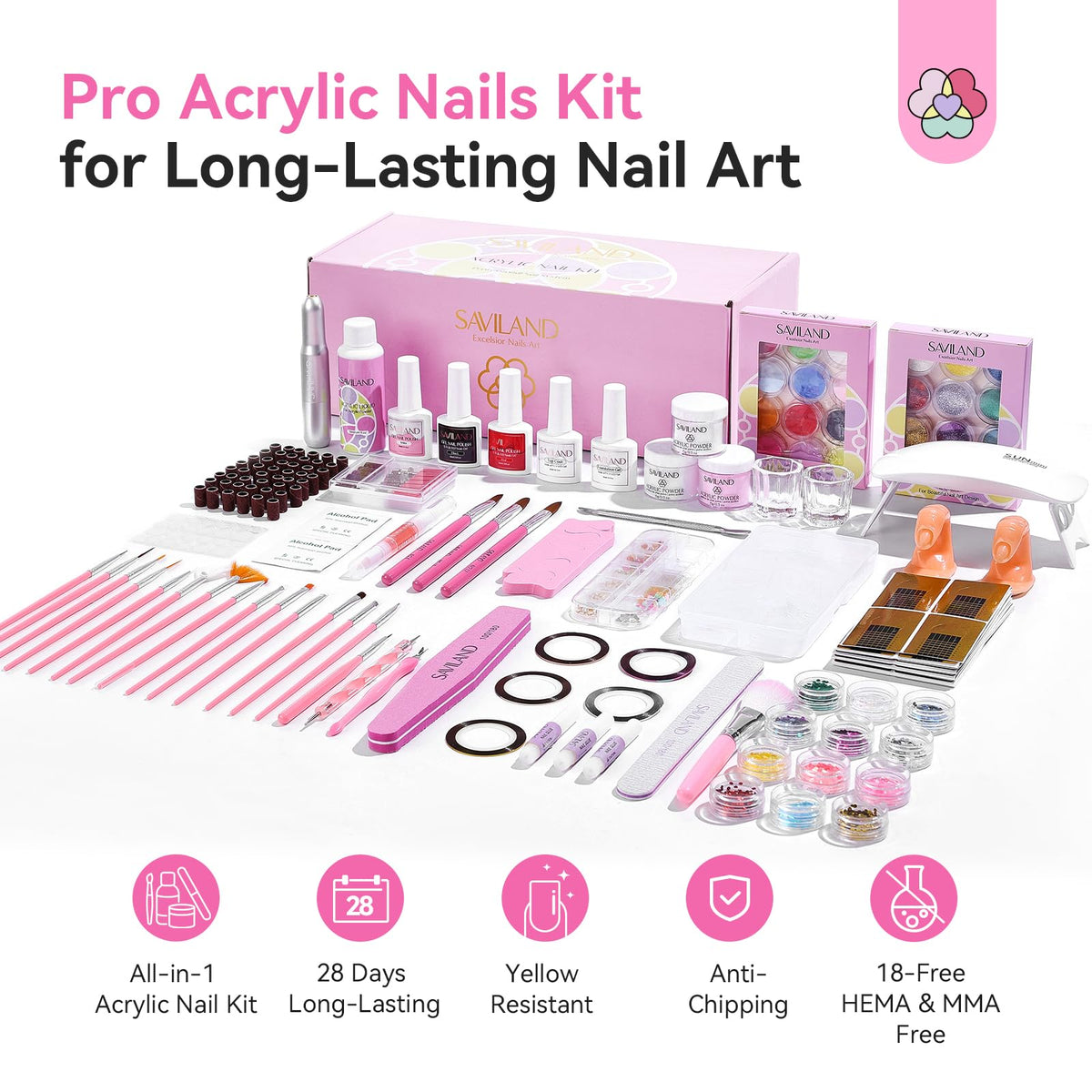 SAVILAND open acrylic powder jars displaying clear pink white powders for versatile nail bases