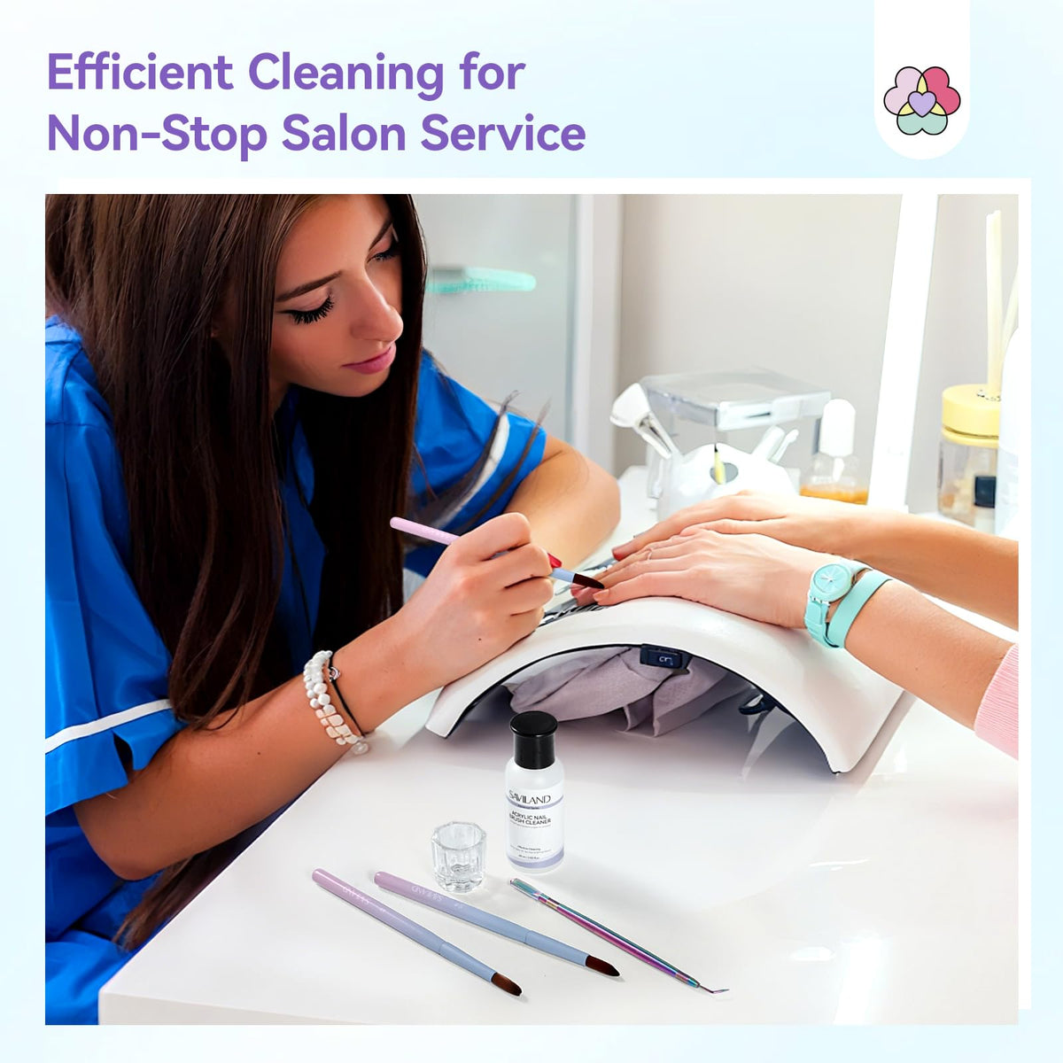 SAVILAND step-by-step cleaning scene showing comb and soak to extend brush life benefit