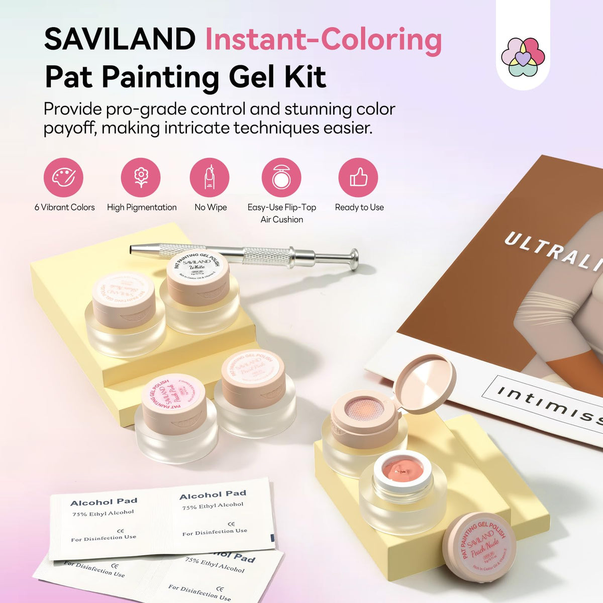 SAVILAND close-up of six patting gel pots highlighting pigment