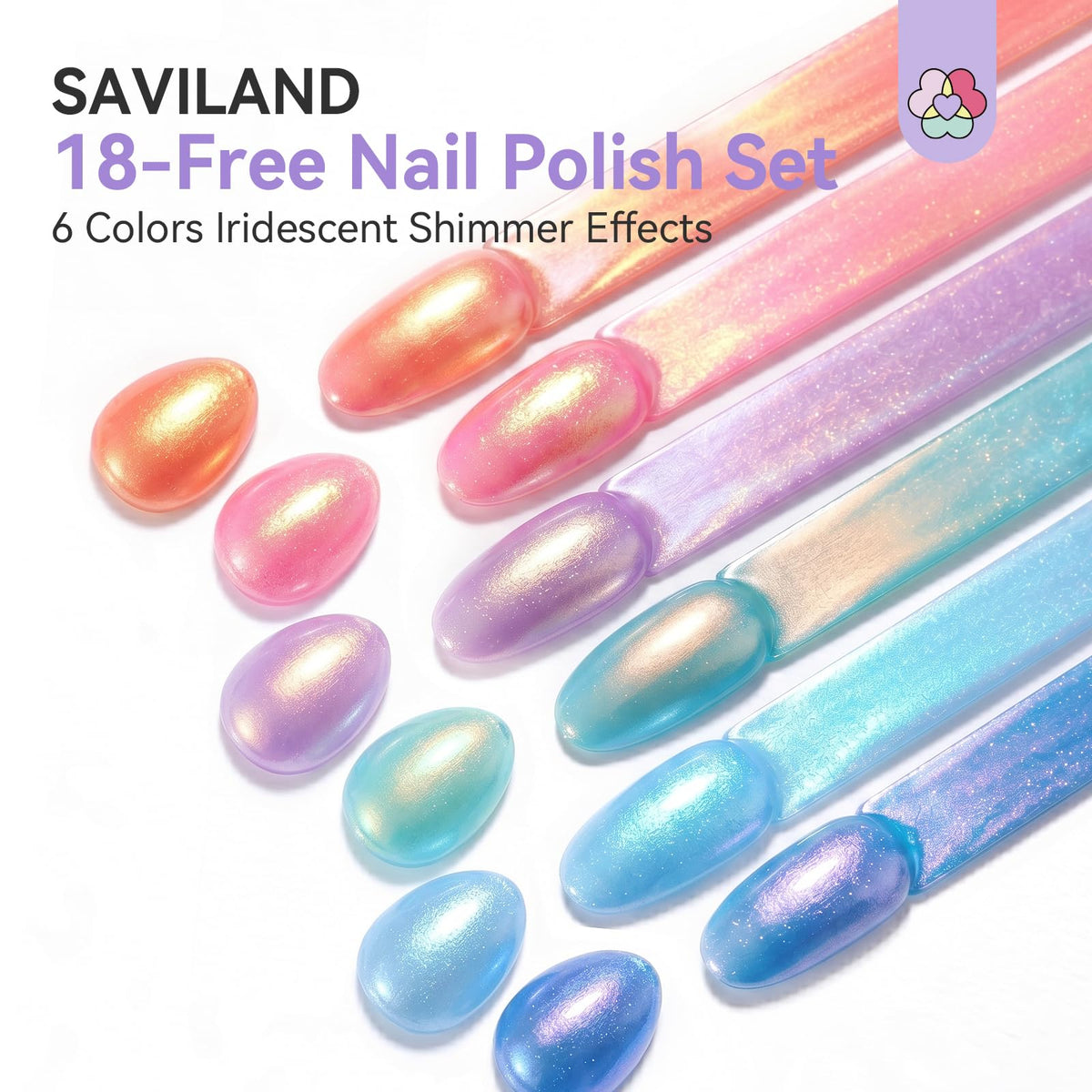 SAVILAND color swatches showing pearlescent blue pink orange purple glitter shift