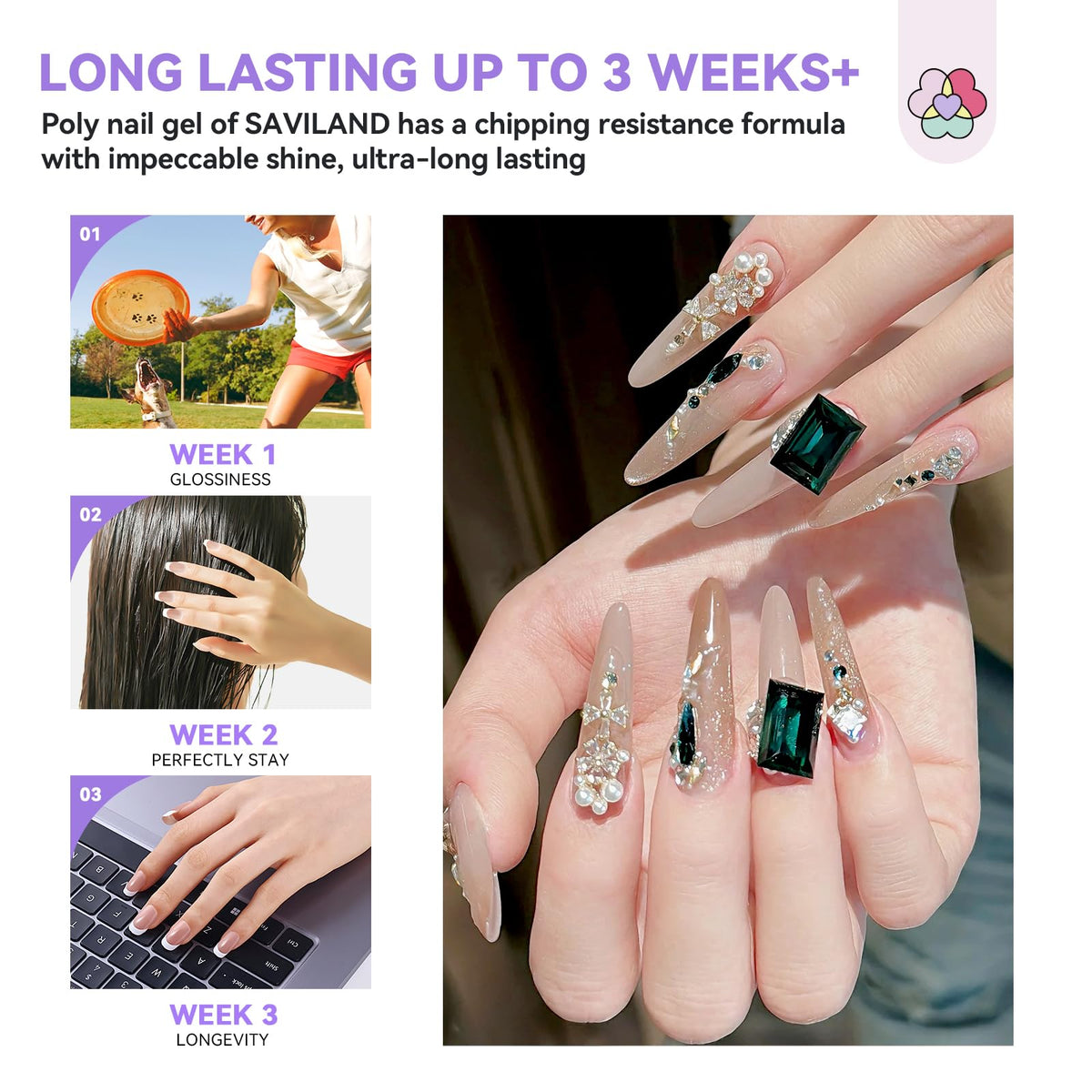 SAVILAND finished nail extensions in lifestyle scene showcasing salon results
