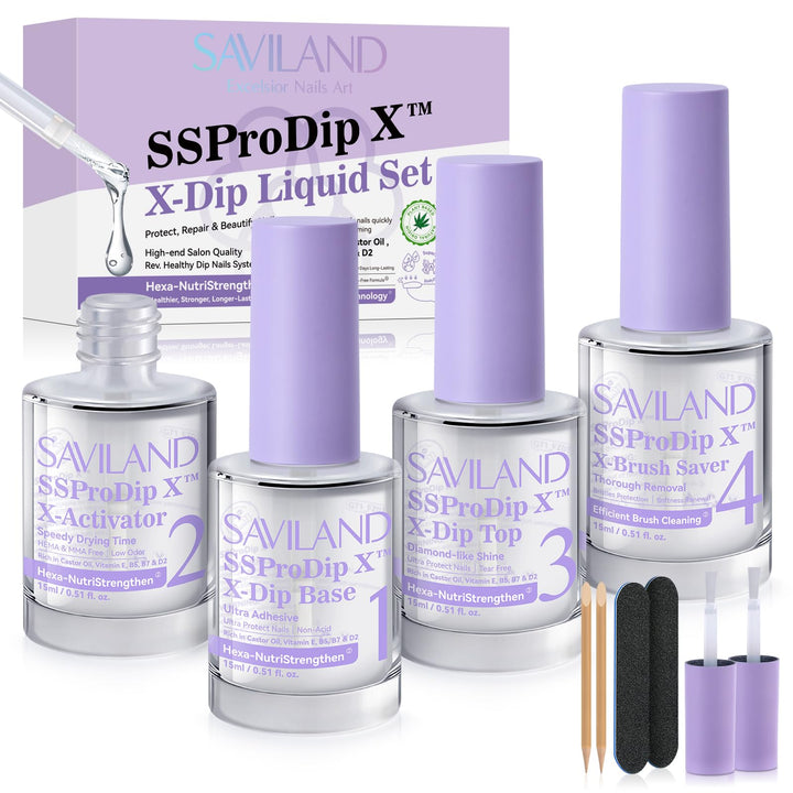 SAVILAND front bottles showing base activator top and brush saver, clear labeling and compact size