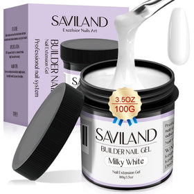 SAVILAND jar front view showing white builder gel and label for easy identification