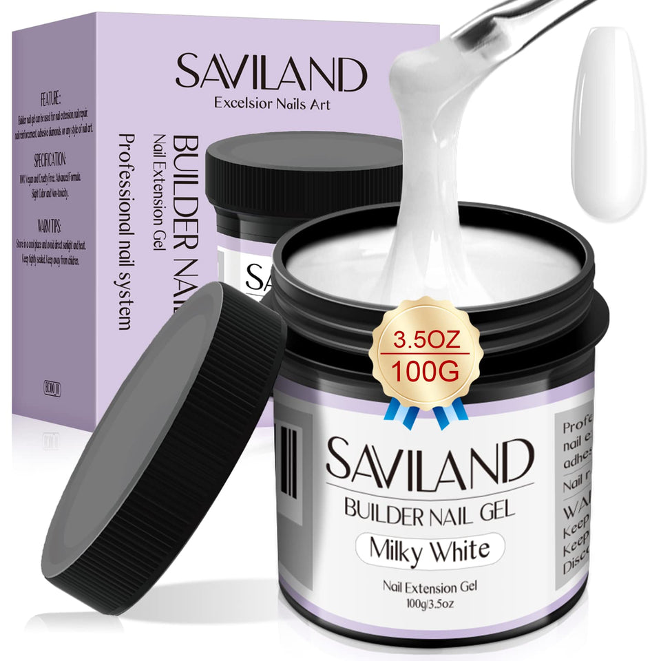 SAVILAND jar front view showing white builder gel and label for easy identification
