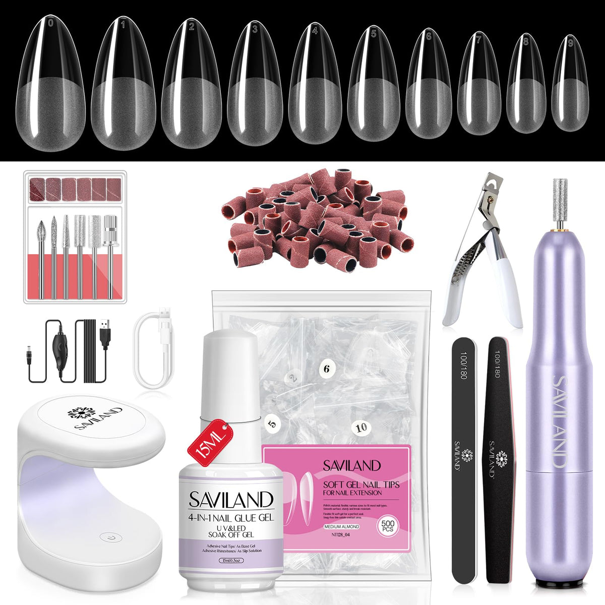 SAVILAND front packaging showing complete almond gel nail kit for easy at-home manicures