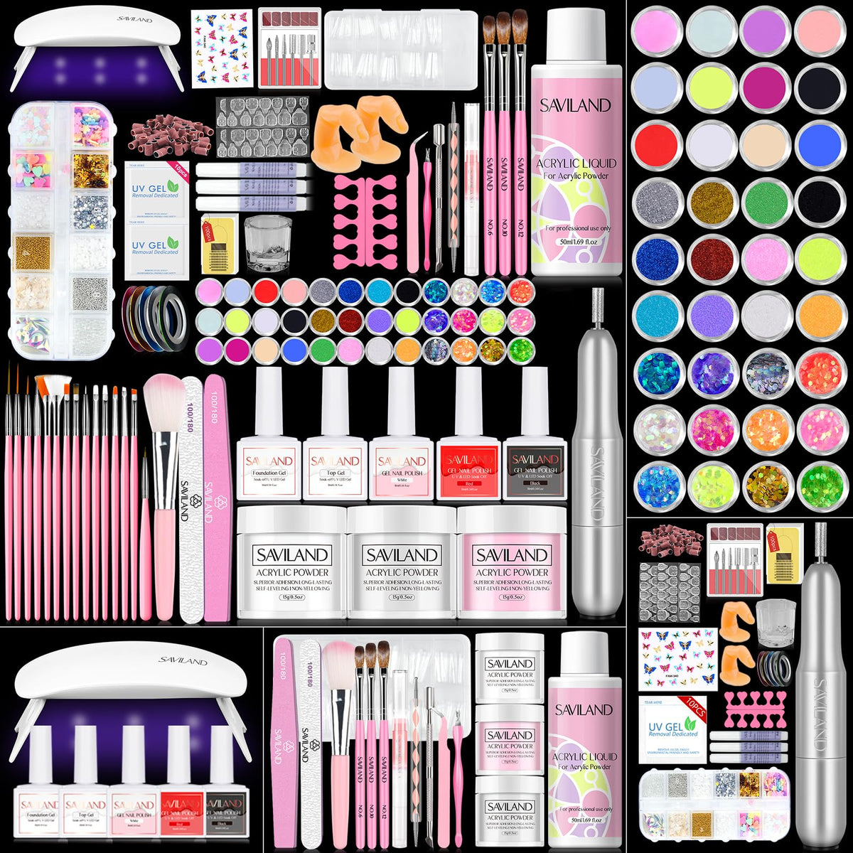 SAVILAND front packaging showing complete acrylic nail kit and included tools for convenience