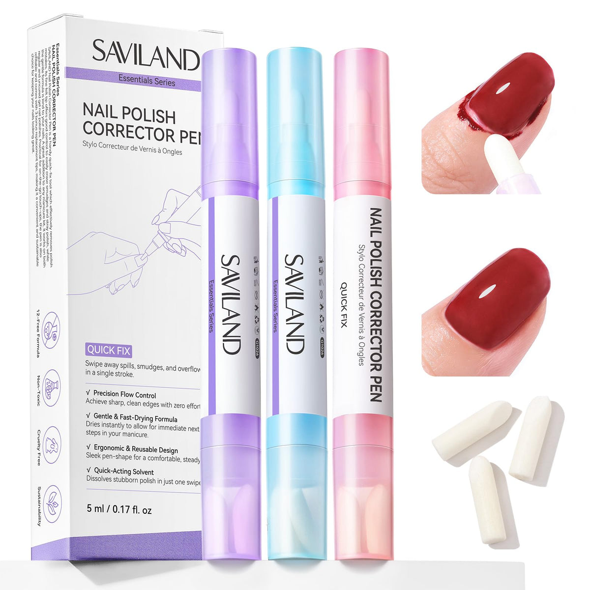 SAVILAND front packaging showing three refillable pens and benefits